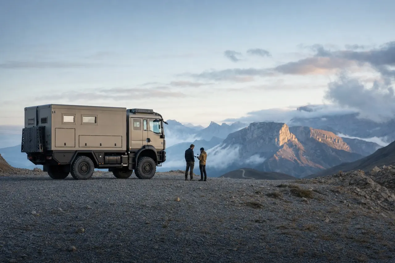 Expeditionsfahrzeug in einer anspruchsvollen Berglandschaft während der Routenplanung