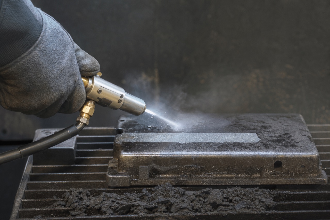 Trockeneisstrahlen auf einer verschmutzten Metallfläche mit deutlich sichtbarer gereinigter Spur